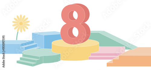 Large red three dimensional number eight stands prominently on a yellow podium surrounded by colorful geometric shapes and a daisy flower.