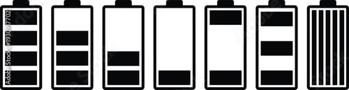 Set of black and white battery level indicator icons showing various energy status levels from empty to full for mobile app interface design.