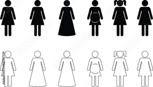 Comprehensive female icon set featuring black solid and outline silhouettes of women in dresses, long skirts, pregnant figures, and young girls for signage.