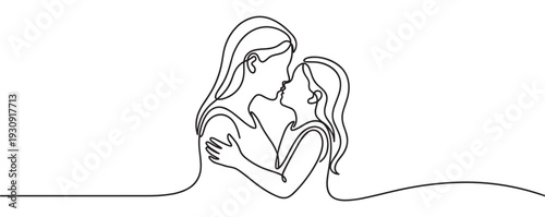 Mother and child minimalist line art illustration capturing a beautiful moment of maternal love, tenderness, and family connection.
