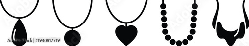 Set of elegant black necklace silhouettes including heart pendant, pearl beads, and teardrop jewelry icons isolated on a white background for fashion design projects.