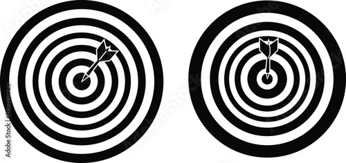 Black and white vector illustration of two target dartboards with a single arrow hitting the central bullseye, representing business goals, accuracy, and achievement.