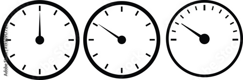 Collection of simple black and white analog clock icons and speedometer gauges isolated on white background for time management and performance measurement design.