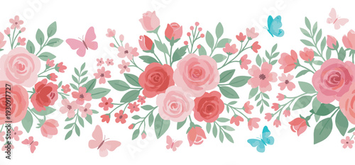 Beautiful pink flowers and butterflies create a charming decorative border design with delicate green leaves for a spring or summer theme.