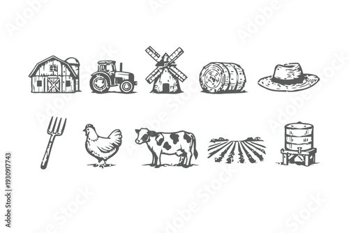 Rural farm life icons and elements, including tractor, animals, and buildings