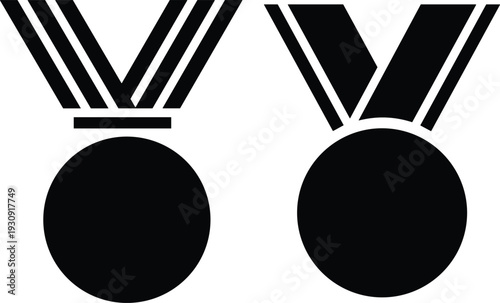 Black silhouette medal icons on white background featuring minimalist award symbols with ribbon and laurel wreath details for sports victory and achievement design concepts.