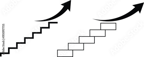 Black and white minimalist staircase icons with ascending curved arrows representing business growth, financial success, step by step career progression, and future development goals.