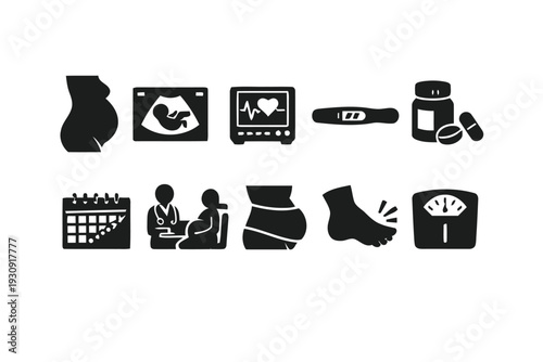 Pregnancy and prenatal care icons pregnant belly ultrasound fetal heart monitor pregnancy test medication