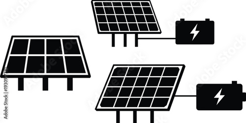 Solar panel line art illustration icon set representing renewable energy and sustainable power solutions for eco friendly environmental technology web and mobile app design projects.