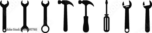 Professional hand tool silhouettes including wrenches hammers screwdriver and adjustable spanner for repair work