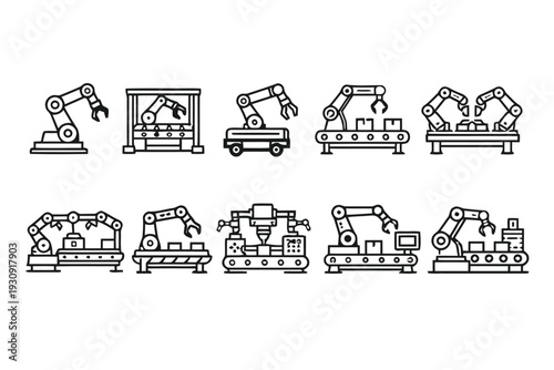 Robotic arm and assembly line icons for industrial automation and manufacturing