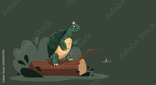 Whimsical Tortoise King Points Toward Dripping Water on Log