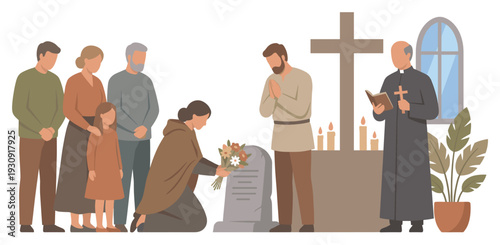 Family and friends attend a solemn funeral service, offering prayers and placing flowers at a gravesite with a clergyman.