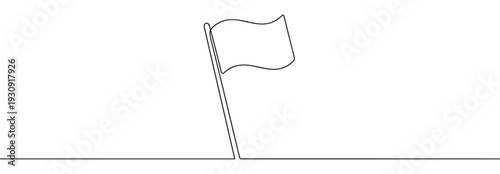 Simple waving flag on a tall flagpole is depicted in a minimalist continuous line art style illustration, symbolizing achievement.