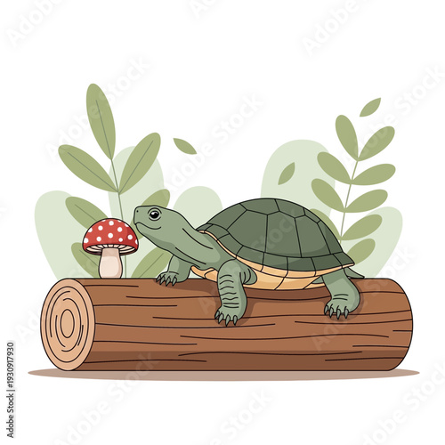 Whimsical Tortoise Resting on a Forest Log Beside a Cute Mushroom Illustration