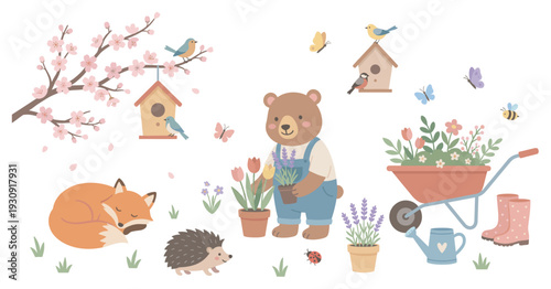 Cute forest animals and gardening tools in spring create a charming and whimsical illustration of nature's awakening.