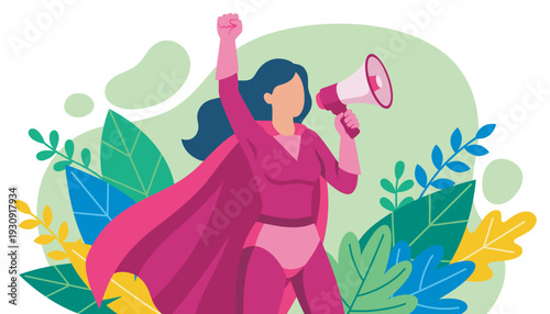 Superhero woman holding megaphone with raised fist advocates for change and empowerment amidst a vibrant, illustrative setting.