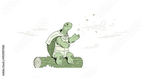 Whimsical Turtle Character Sitting On Log With Flowing Cape And Breeze Effect