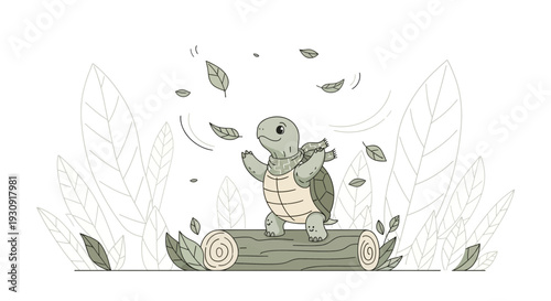 Whimsical Turtle Dancing Joyfully On A Log Surrounded By Falling Leaves