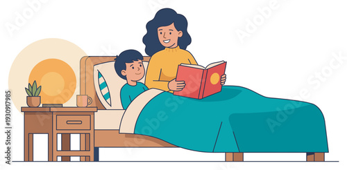 Mother and son enjoy a heartwarming bedtime story together in bed, creating cherished memories and a strong family bond.