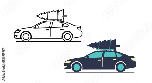 Car with christmas tree on top a festive holiday scene silhouette