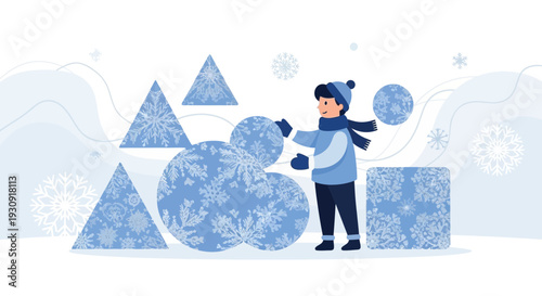 Whimsical Winter Scene With Child Playing With Snowflakes Shapes