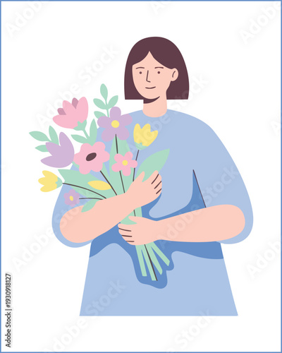 Woman Holding Large Bouquet of Spring Flowers: Self Care and Gratitude Vector Illustration.