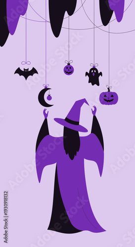 Whimsical Wizard Conjures Halloween Ornaments Floating Mysteriously In The Air