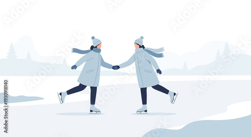 Winter Friends Ice Skating Together on a Frozen Pond