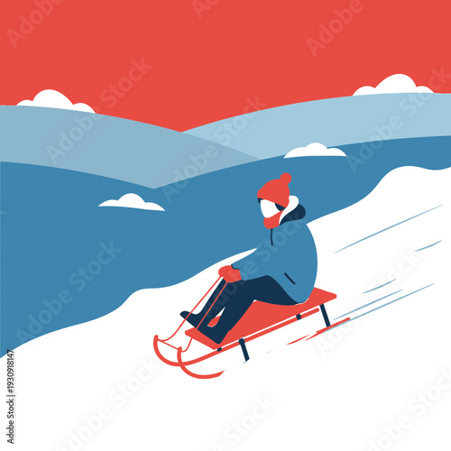Winter Fun On A Sled Down Snowy Hills In Bold Flat Illustration Style