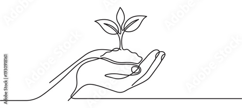 Human hand holding young plant with green leaves and soil, symbolizing growth, nature, and environmental care in a continuous line art style.