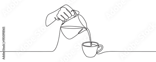 Hand pouring liquid from a pitcher into a cup, elegantly rendered as a fluid and minimalist continuous single line art illustration.