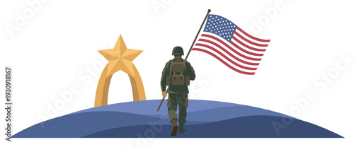 Soldier walking with American flag towards a golden star arch on a blue landscape, symbolizing honor and service.