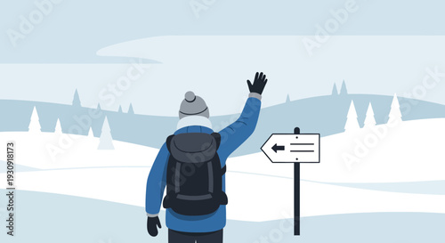 Winter Hiker Waves Hello Beside Directional Signpost in Snowy Landscape