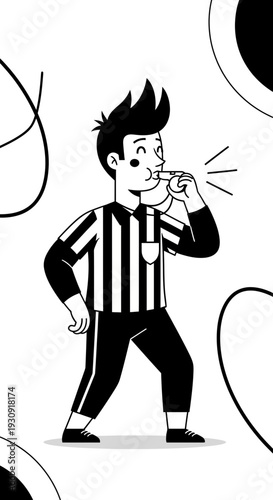 Whistle Blowing Referee Illustration in Black And White