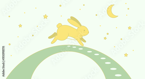 Whimsical Yellow Rabbit Ascends a Starry Path Under Crescent Moon