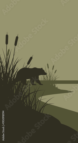 Wilderness Bear Silhouette By Tranquil Waters Edge Rustic Nature Scene