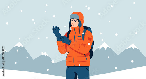 Winter Mountain Climber Prepares For Snowy Ascent