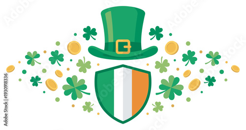 Green top hat, Irish shield, shamrocks, and gold coins create a festive St. Patrick's Day celebration illustration with lucky symbols.