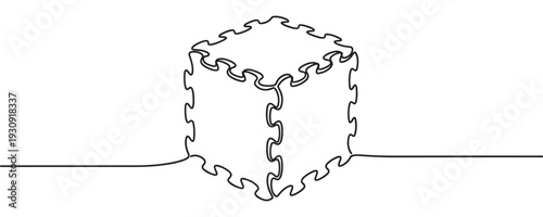 Continuous line drawing puzzle cube shape illustration concept representing connection, solution, problem-solving, and teamwork in a minimalist style.