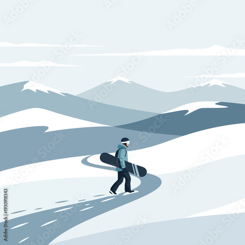 Winter Mountain Journey Solo Snowboarder Alpine Adventure