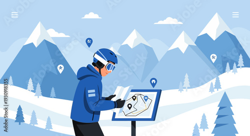 Winter Mountain Resort Map Exploration with Skiing Iconography