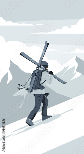 Winter Mountain Climber With Skis Ascending Snowy Peaks