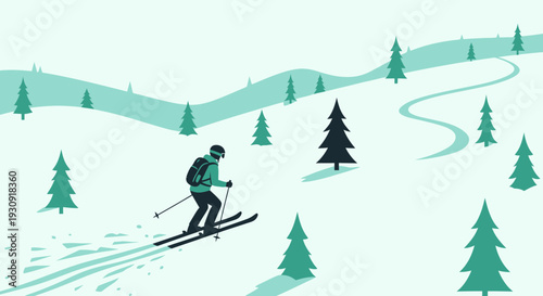 Winter Mountain Skier Descends Snowy Slopes Amidst Evergreen Trees