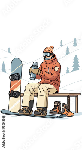 Winter Athlete Enjoying Warm Beverage After Snowboarding Expedition