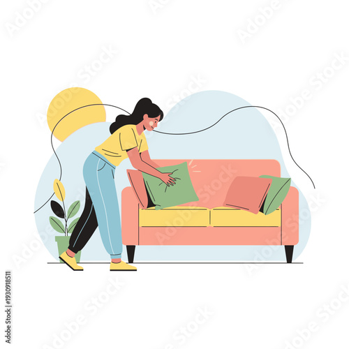 Woman Arranging Cushions on a Modern Sofa With Indoor Plants