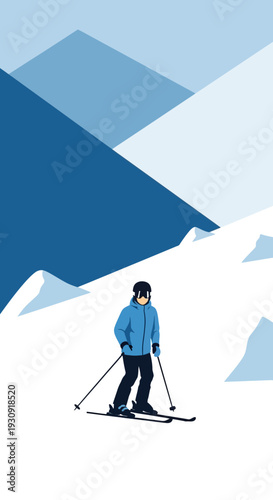 Winter Snow Mountain Skiing Adventure In A Flat Design Style