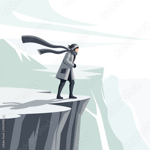 Winter Cliff Edge Person Facing Stormy Winds Isolated In Cold Landscape