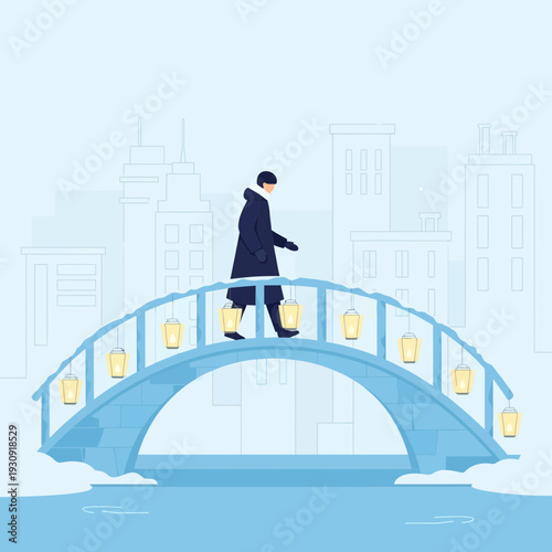 Winter City Bridge Serenity With Glowing Lanterns