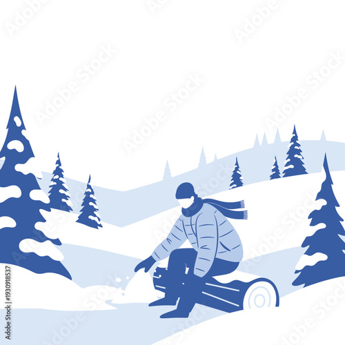 Winter Snowboarder Riding Down Snowy Hill Surrounded By Pine Trees